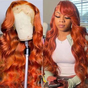 бразильский 30 36 дюймов имбирно-оранжевый прозрачный кружево спереди человеческие волосы для тела волна 250 плотность цветные 13x4 фронтальные парики для женщин