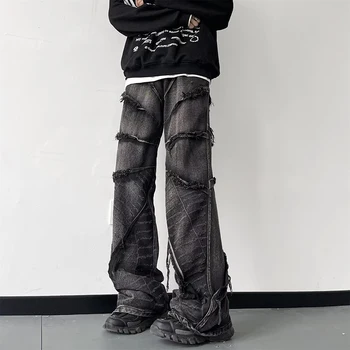 Мужчина Винтаж Молнии Расклешенные брюки 2024 Новая весна Американская мода Y2k Стиранная темная одежда Высокая талия Оверсайз Джинсы Мужские брюки