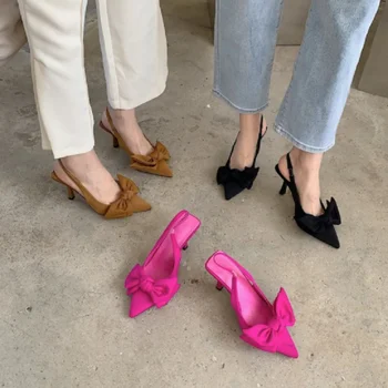 2023 Летний бренд Женщины Slingback Сандалии Обувь Мода Бант-узел Заостренный носок Скольжение на женском элегантном платье Туфли-лодочки